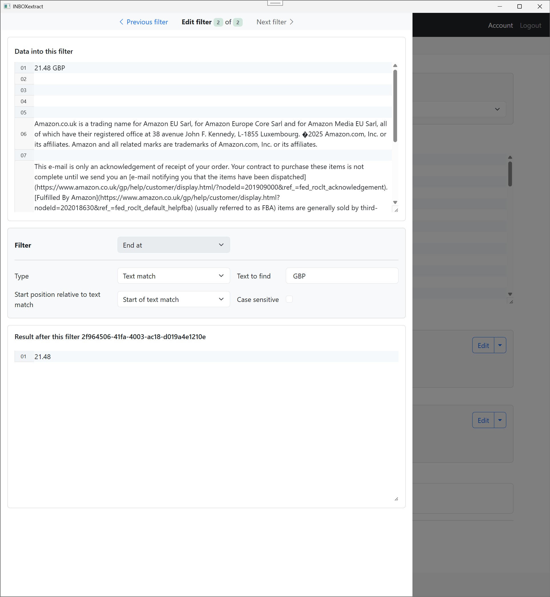 InboxExtract editor showing field extraction rules